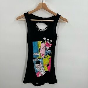 Rue 21 Cartoon Distressed Black Sleeveless Shirt Small